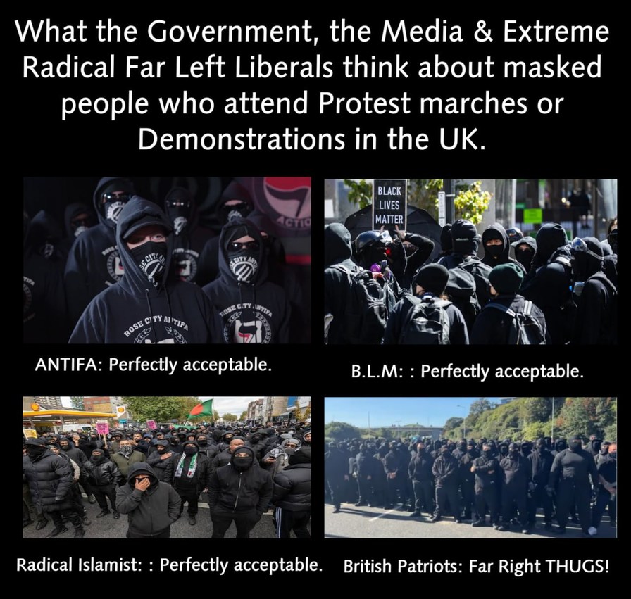 What the Government, the Media & Extreme Radical Far Left Liberals think about masked people who attend Protest marches or Demonstrations in the UK. ANTIFA: Perfectly acceptable. B.L.M.: Perfectly acceptable. Radical Islamist: : Perfectly acceptable. British Patriots: Far Right THUGS!