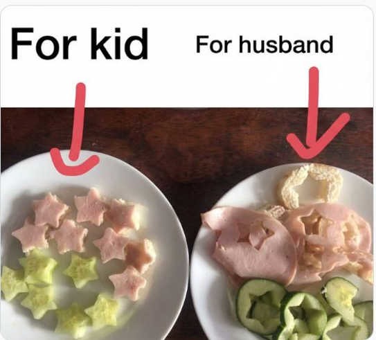 The image shows two plates of food. One is labeled 'For kid' and contains star-shaped ham and cucumber slices. The other is labeled 'For husband' and contains the leftover pieces from cutting the stars out of the ham and cucumber, along with a bread crust. Red arrows point to each plate.