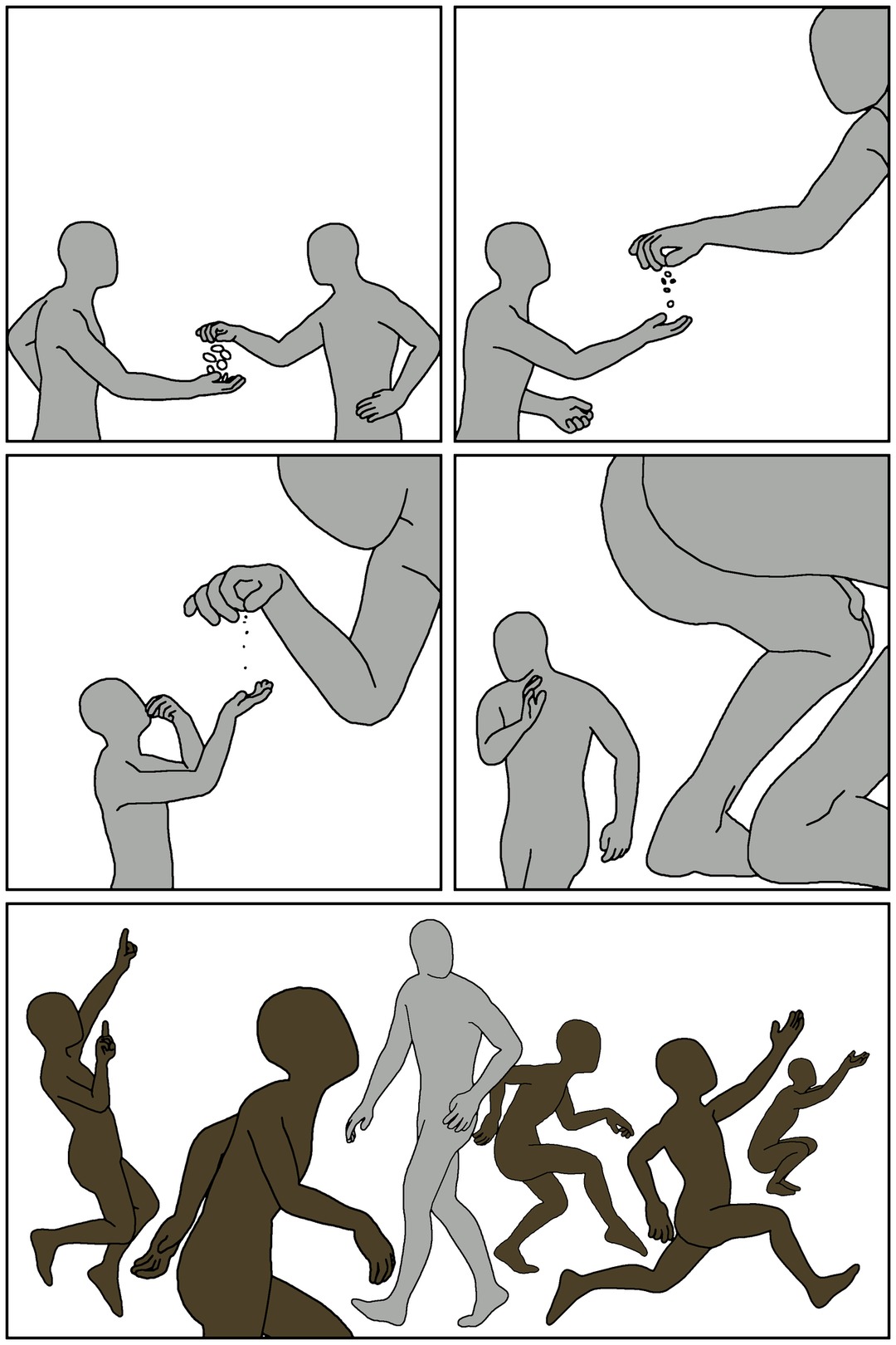 A grey figure gives small objects, resembling seeds or beans, to another grey figure. Then, a giant hand gives these objects to a person. The giant hand drops the objects into the person's cupped hands. Subsequently, a large pregnant belly is shown, with a person standing nearby. Finally, a grey figure walks among many smaller, darker-skinned figur
