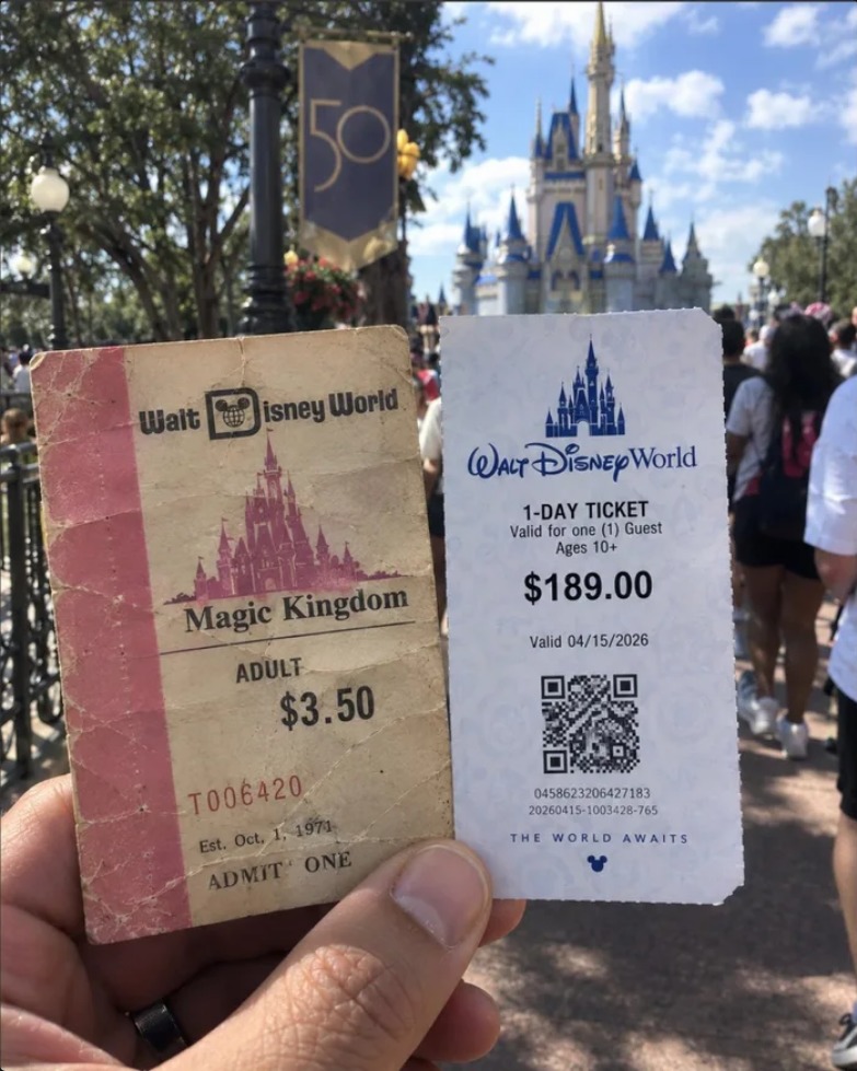 Walt Disney World Magic Kingdom ADULT $3.50 Est. Oct. 1, 1971 ADMIT ONE. Walt Disney World 1-DAY TICKET Valid for one (1) Guest Ages 10+ $189.00 Valid 04/15/2026 THE WORLD AWAITS. 50th Anniversary banner in the background.