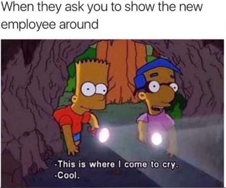 When they ask you to show the new employee around - This is where I come to cry. -Cool.
