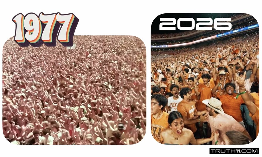 1977 2026. A comparison of two large crowds from different eras, showing people with hands raised at what appears to be a concert or festival in 1977 and a stadium event, possibly a sports game, in 2026. The 2026 crowd is more diverse and many are wearing orange, some with 'TEX' or 'UNIVERSITY OF TEXAS' visible. The watermark 'TRUTH11.COM' is prese