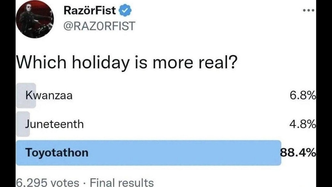 RazorFist @RAZORFIST Which holiday is more real? Kwanzaa 6.8% Juneteenth 4.8% Toyotathon 88.4% 6,295 votes · Final results