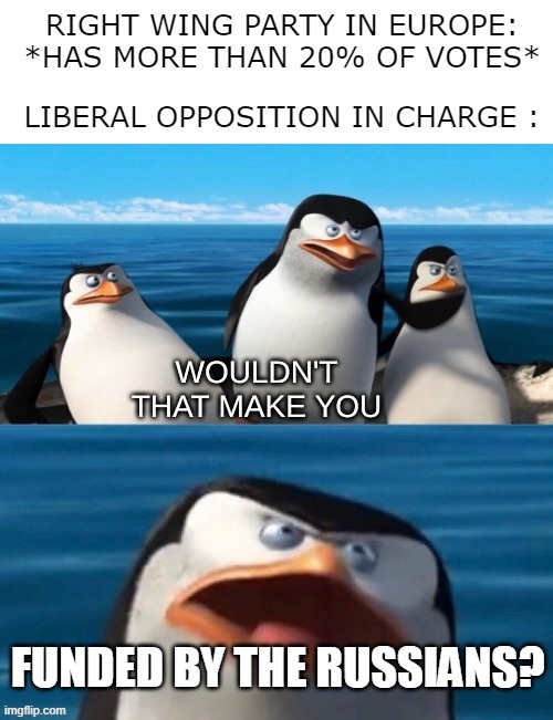 RIGHT WING PARTY IN EUROPE: *HAS MORE THAN 20% OF VOTES* LIBERAL OPPOSITION IN CHARGE: WOULDN'T THAT MAKE YOU FUNDED BY THE RUSSIANS?