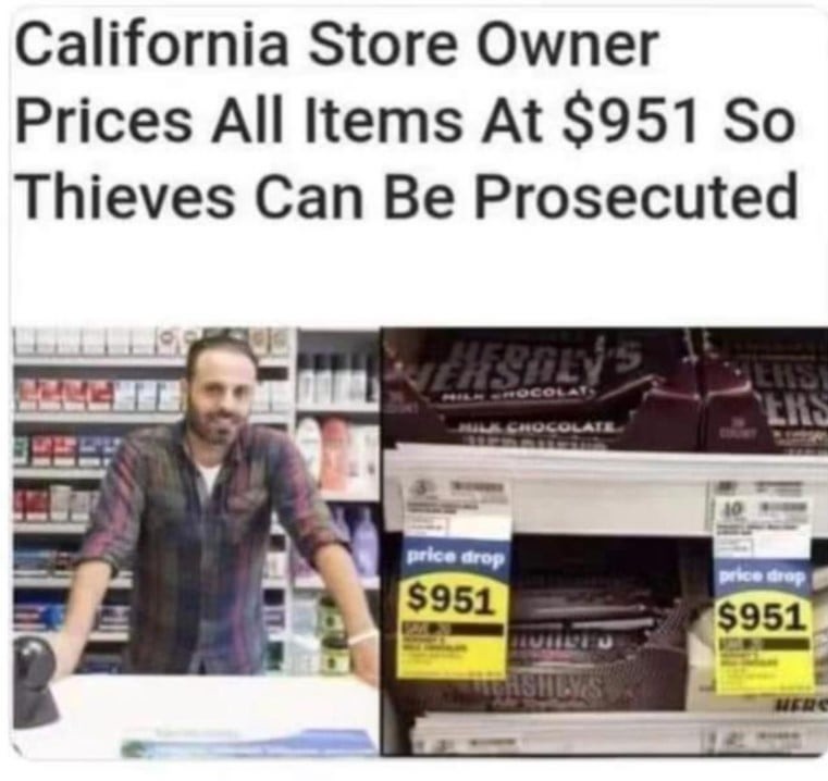 California Store Owner Prices All Items At $951 So Thieves Can Be Prosecuted. Price tags show $951 for items like Hershey's chocolate.