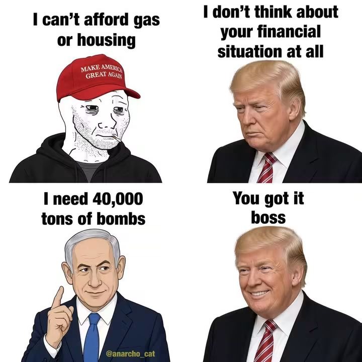 I can't afford gas or housing. MAKE AMERICA GREAT AGAIN. I don't think about your financial situation at all. I need 40,000 tons of bombs. You got it boss.
