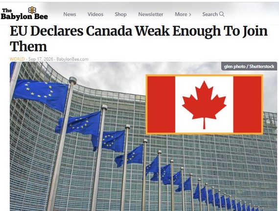 The Babylon Bee News Videos Shop Newsletter More Search Q EU Declares Canada Weak Enough To Join Them WORLD Sep 17, 2016 BabylonBee.com glen photo / Shutterstock
