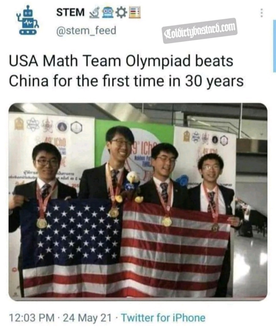 STEM @stem_feed USA Math Team Olympiad beats China for the first time in 30 years 12:03 PM · 24 May 21 · Twitter for iPhone