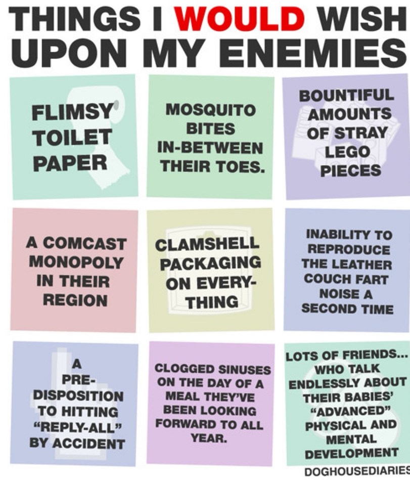 THINGS I WOULD WISH UPON MY ENEMIES FLIMSY TOILET PAPER MOSQUITO BITES IN-BETWEEN THEIR TOES. BOUNTIFUL AMOUNTS OF STRAY LEGO PIECES A COMCAST MONOPOLY IN THEIR REGION CLAMSHELL PACKAGING ON EVERYTHING INABILITY TO REPRODUCE THE LEATHER COUCH FART NOISE A SECOND TIME A PRE-DISPOSITION TO HITTING 