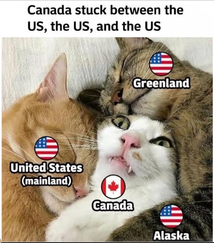 Canada stuck between the US, the US, and the US. United States (mainland). Canada. Greenland. Alaska.