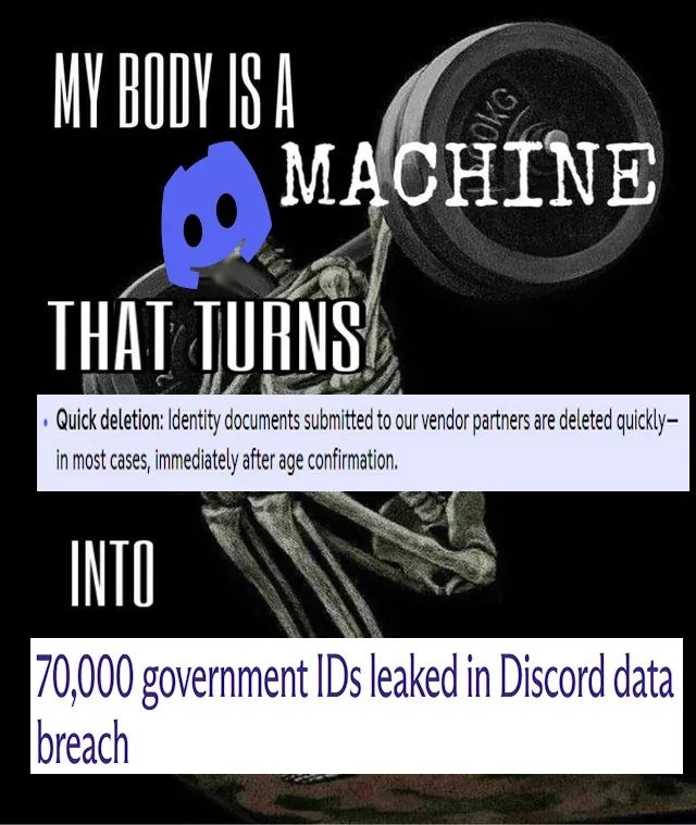 MY BODY IS A MACHINE THAT TURNS Quick deletion: Identity documents submitted to our vendor partners are deleted quickly—in most cases, immediately after age confirmation. INTO 70,000 government IDs leaked in Discord data breach