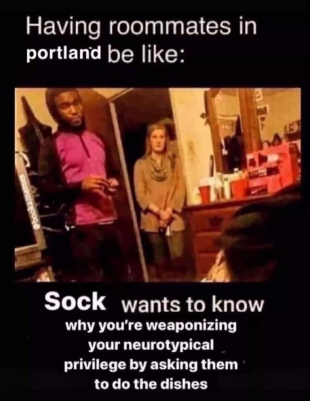 Having roommates in portland be like: Sock wants to know why you're weaponizing your neurotypical privilege by asking them to do the dishes