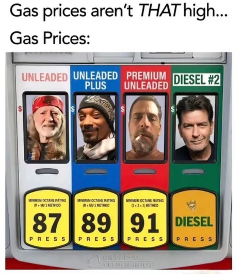 Gas prices aren't THAT high... Gas Prices: UNLEADED, UNLEADED PLUS, PREMIUM UNLEADED, DIESEL #2. Minimum Octane Rating (R+M)/2 Method 87 PRESS, Minimum Octane Rating (R+M)/2 Method 89 PRESS, Minimum Octane Rating (2+2=3) Method 91 PRESS, DIESEL PRESS. (Featuring images of Willie Nelson, Snoop Dogg, Hunter Biden, and Charlie Sheen)