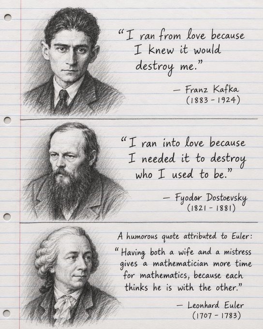 I ran from love because I knew it would destroy me. - Franz Kafka (1883-1924). I ran into love because I needed it to destroy who I used to be. - Fyodor Dostoevsky (1821-1881). A humorous quote attributed to Euler: 