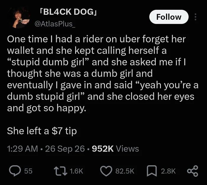 One time I had a rider on Uber forget her wallet and she kept calling herself a “stupid dumb girl” and she asked me if I thought she was a dumb girl and eventually I gave in and said “yeah you’re a dumb stupid girl” and she closed her eyes and got so happy. She left a $7 tip.