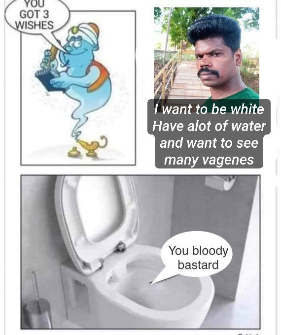 YOU GOT 3 WISHES I want to be white Have a lot of water and want to see many vaginas You bloody bastard