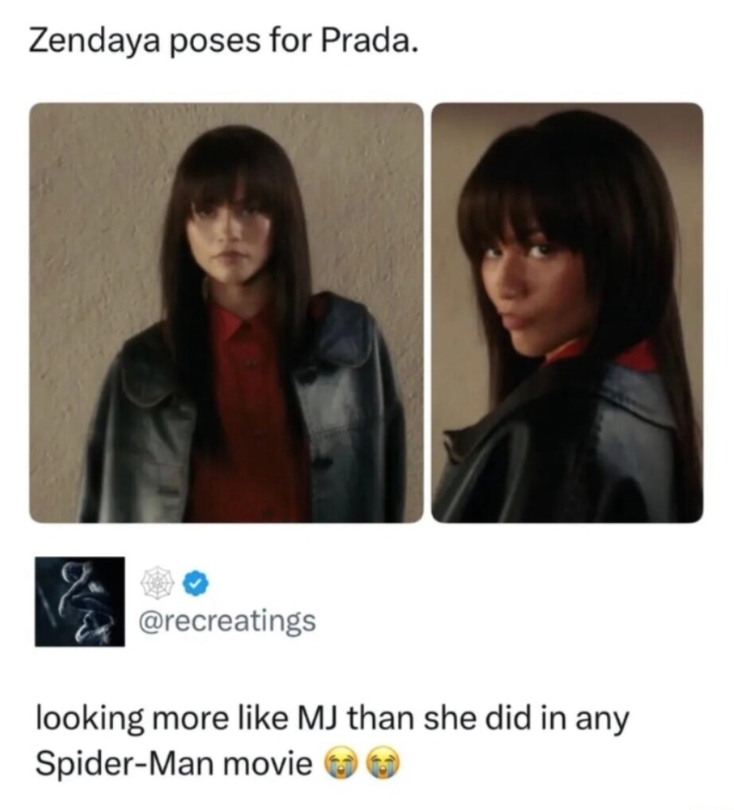 Zendaya poses for Prada. @recreatings looking more like MJ than she did in any Spider-Man movie 😭😭