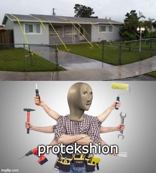 A house with solar panels on the roof is secured with yellow straps tied to the ground, likely in preparation for a storm. Below, the 'Stonks' meme character (Meme Man) is depicted with multiple arms holding various tools, with the misspelled word 'protekshion' overlaid.