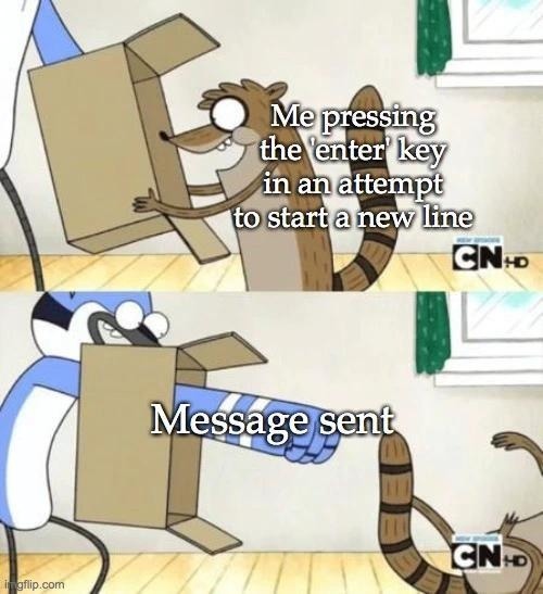 Me pressing the 'enter' key in an attempt to start a new line. Message sent.