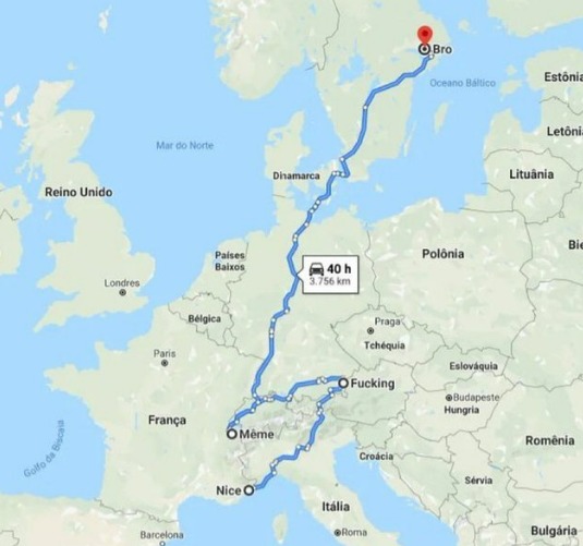 Nice Même Fucking Bro. A map showing a road trip route from Nice, France, through Même, France, Fucking, Austria, and ending in Bro, Sweden. The total travel time is 40 hours and the distance is 3,756 km. The names of the towns create a humorous phrase.