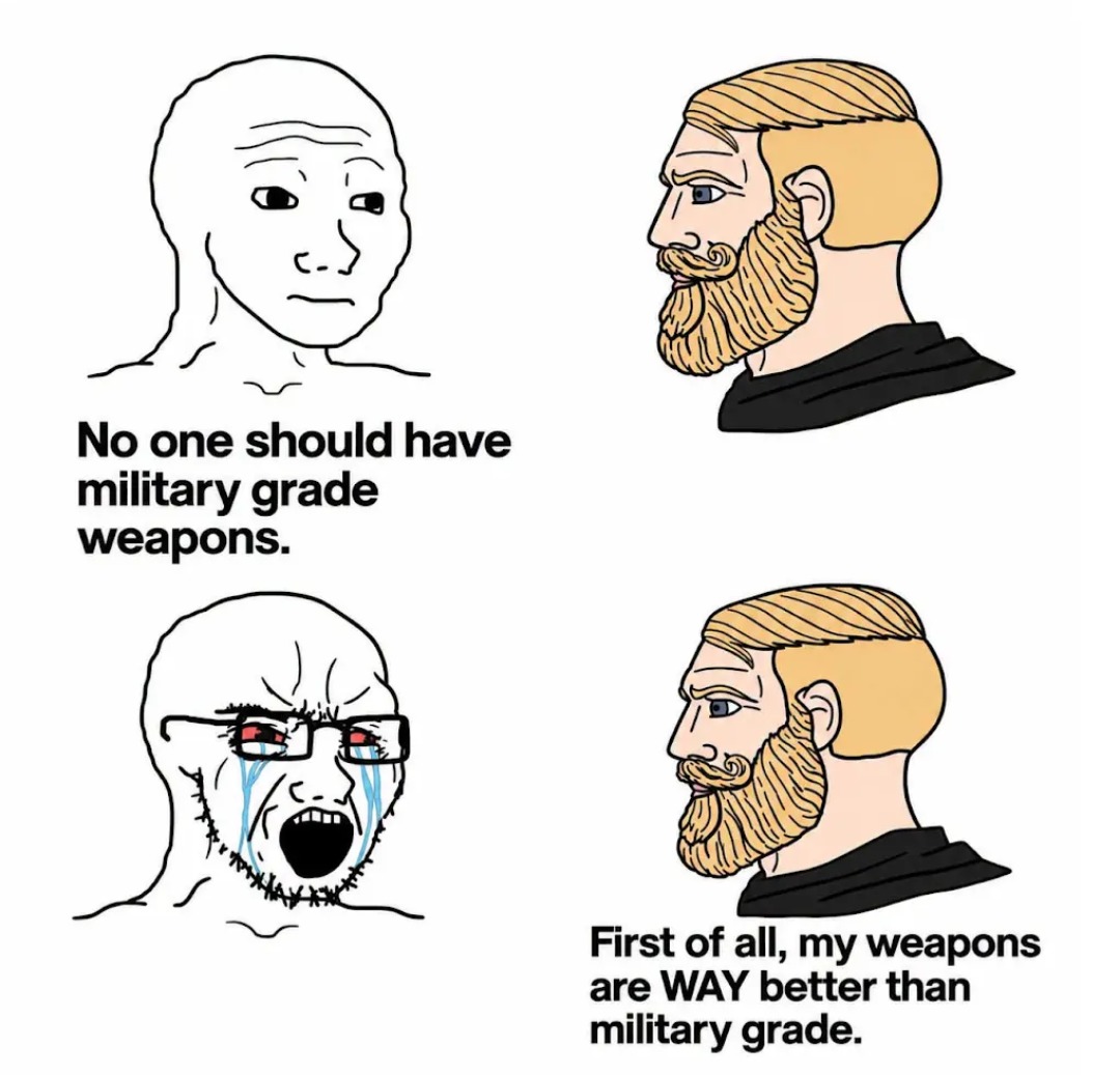 No one should have military grade weapons. First of all, my weapons are WAY better than military grade.