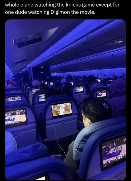 whole plane watching the knicks game except for one dude watching Digimon the movie.
