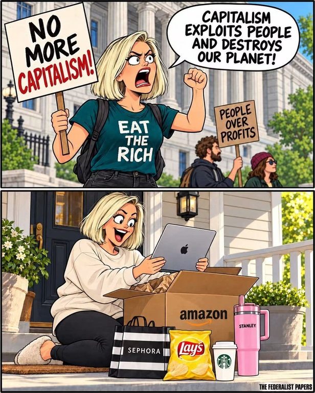 NO MORE CAPITALISM! EAT THE RICH. CAPITALISM EXPLOITS PEOPLE AND DESTROYS OUR PLANET! PEOPLE OVER PROFITS. amazon. SEPHORA. Lay's. STANLEY. THE FEDERALIST PAPERS.
