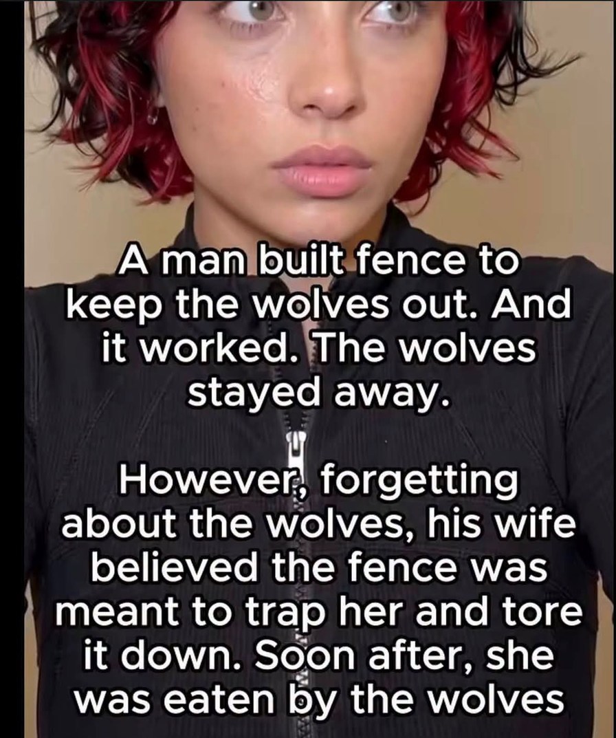 A man built fence to keep the wolves out. And it worked. The wolves stayed away. However, forgetting about the wolves, his wife believed the fence was meant to trap her and tore it down. Soon after, she was eaten by the wolves.