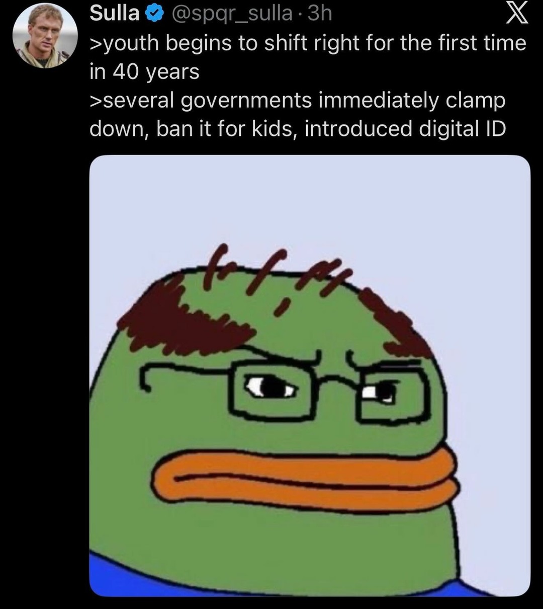 Youth begins to shift right for the first time in 40 years. Several governments immediately clamp down, ban it for kids, introduced digital ID.
