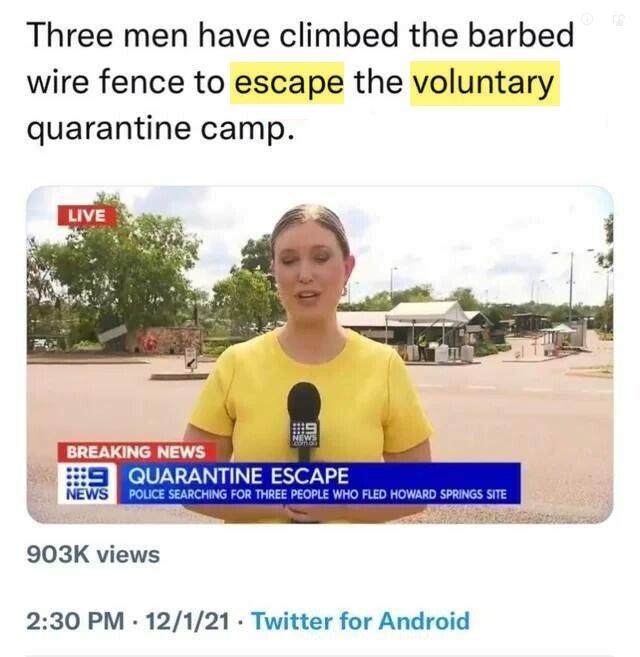 Three men have climbed the barbed wire fence to escape the voluntary quarantine camp. LIVE. BREAKING NEWS. QUARANTINE ESCAPE. POLICE SEARCHING FOR THREE PEOPLE WHO FLED HOWARD SPRINGS SITE.