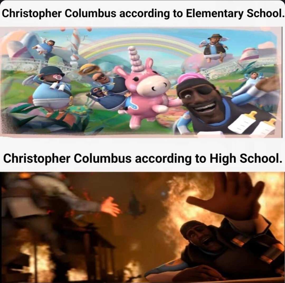 Christopher Columbus according to Elementary School. Christopher Columbus according to High School. The top image shows a cheerful, colorful cartoon scene with happy characters and a unicorn, representing a simplified, positive view of Christopher Columbus. The bottom image depicts a dark, fiery scene with characters in distress, suggesting a more 