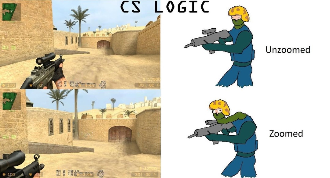 CS LOGIC Unzoomed Zoomed. The image shows a meme comparing the in-game view of Counter-Strike with a scoped rifle (SG 550 Commando or G3SG1) on a desert map (Dust2) to a humorous drawing. The drawing illustrates a character holding a rifle, with the 'Unzoomed' version showing a normal stance, and the 'Zoomed' version depicting the character with an