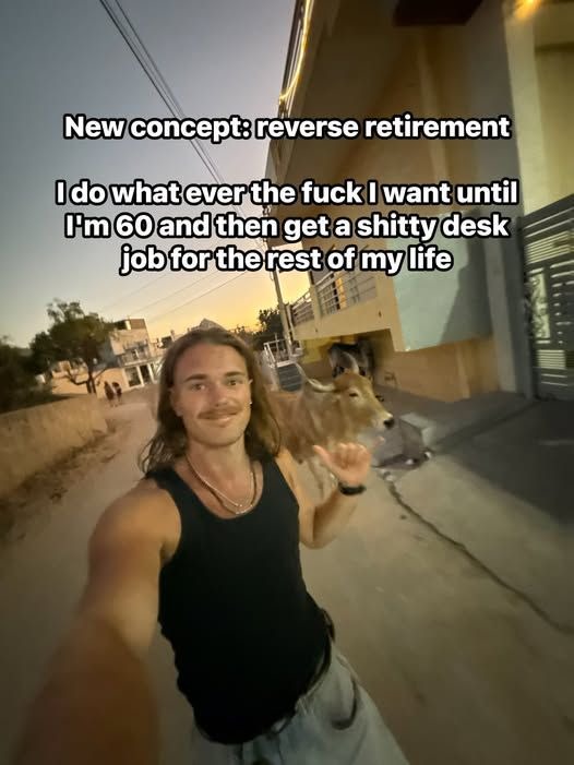New concept: reverse retirement I do what ever the fuck I want until I'm 60 and then get a shitty desk job for the rest of my life