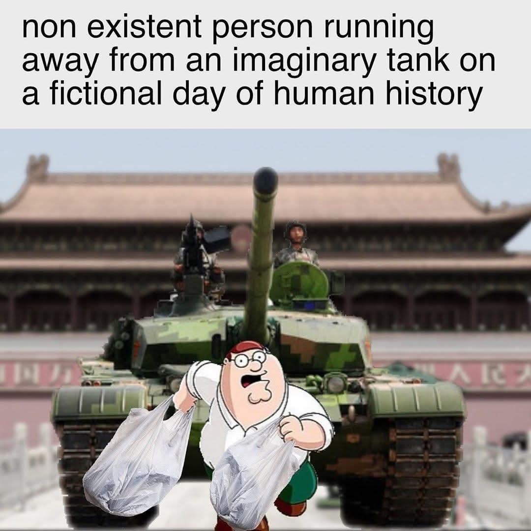non existent person running away from an imaginary tank on a fictional day of human history