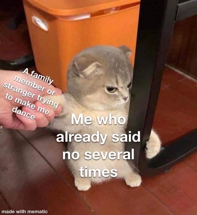 A family member or stranger trying to make me dance Me who already said no several times made with mematic