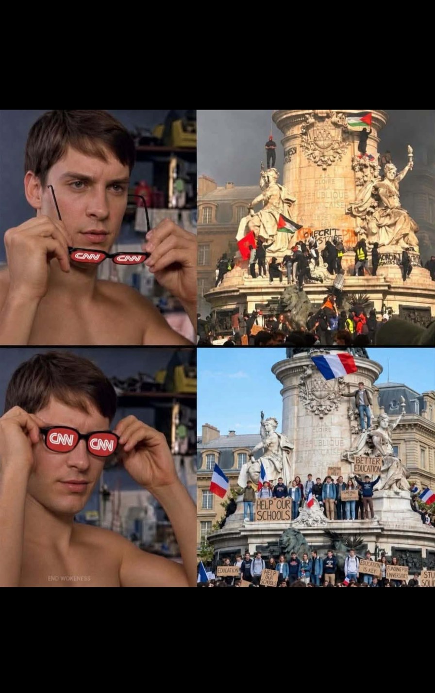 Peter Parker from Spider-Man is shown in two panels, first taking off glasses with 'CNN' written on them, then putting them on. The right side shows two different scenes of a monument, likely the Monument to the Republic in Paris. The top right scene depicts a chaotic protest with people on the monument, some holding Moroccan and Palestinian flags,