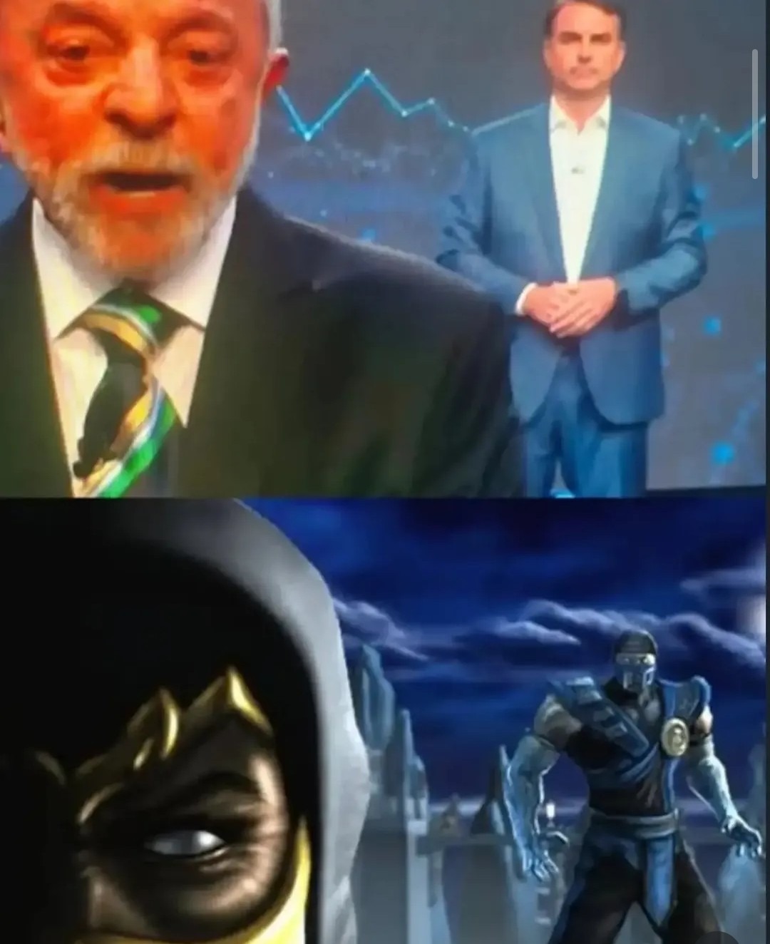 Dois políticos brasileiros, Lula e Bolsonaro, são mostrados na parte superior da imagem, aparentemente em um debate ou transmissão televisiva. Na parte inferior, estão os personagens Scorpion e Sub-Zero do jogo Mortal Kombat, conhecidos por sua rivalidade.