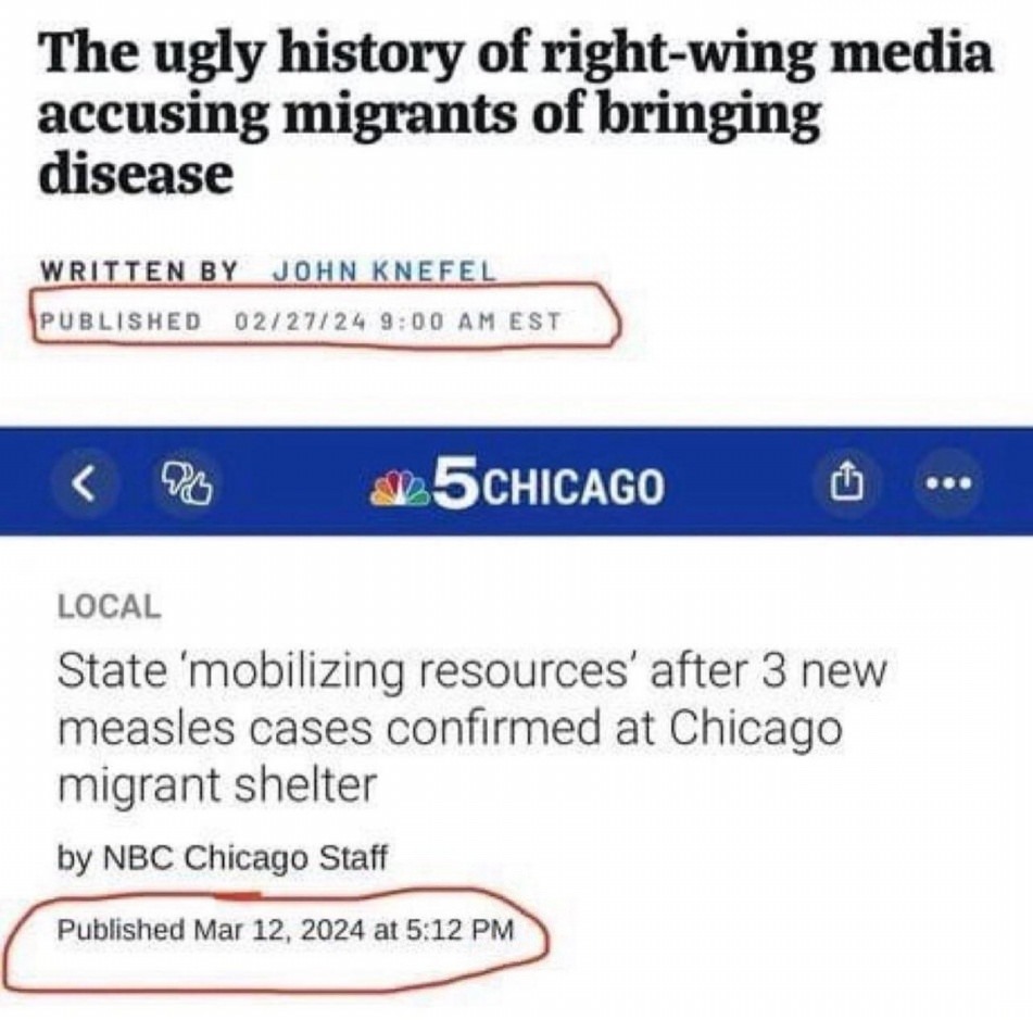 The ugly history of right-wing media accusing migrants of bringing disease WRITTEN BY JOHN KNEFEL PUBLISHED 02/27/24 9:00 AM EST 5CHICAGO LOCAL State 'mobilizing resources' after 3 new measles cases confirmed at Chicago migrant shelter by NBC Chicago Staff Published Mar 12, 2024 at 5:12 PM