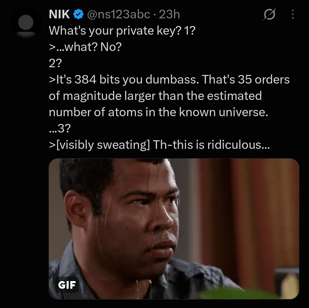 NIK @ns123abc · 23h
What's your private key? 1?
>...what? No?
2?
>It's 384 bits you dumbass. That's 35 orders of magnitude larger than the estimated number of atoms in the known universe.
...3?
>[visibly sweating] Th-this is ridiculous...
GIF
