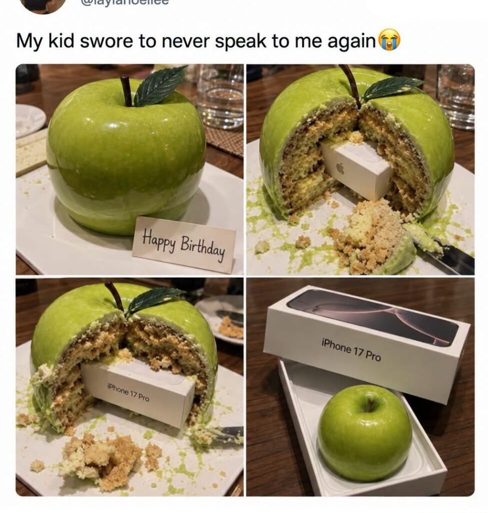My kid swore to never speak to me again. Happy Birthday. iPhone 17 Pro.