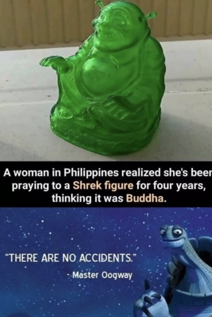 A woman in Philippines realized she's been praying to a Shrek figure for four years, thinking it was Buddha. THERE ARE NO ACCIDENTS. - Master Oogway