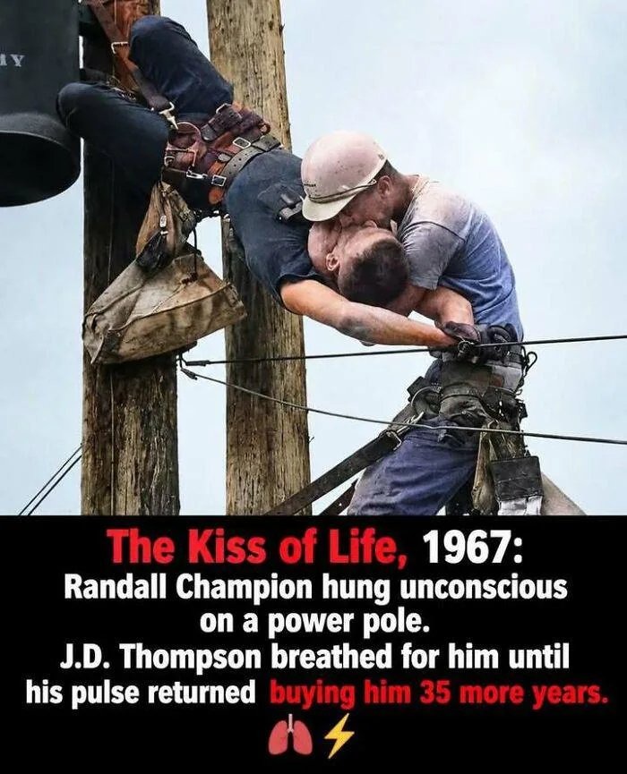 The Kiss of Life, 1967: Randall Champion hung unconscious on a power pole. J.D. Thompson breathed for him until his pulse returned buying him 35 more years. Lungs and lightning bolt emojis.