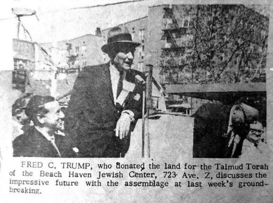 FRED C. TRUMP, who donated the land for the Talmud Torah of the Beach Haven Jewish Center, 723 Ave. Z, discusses the impressive future with the assemblage at last week's groundbreaking.