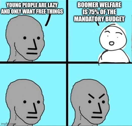 Young people are lazy and only want free things. Boomer welfare is 75% of the mandatory budget.
