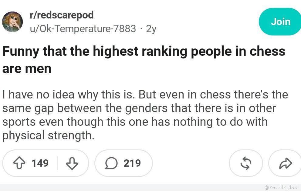 Funny that the highest ranking people in chess are men. I have no idea why this is. But even in chess there's the same gap between the genders that there is in other sports even though this one has nothing to do with physical strength.