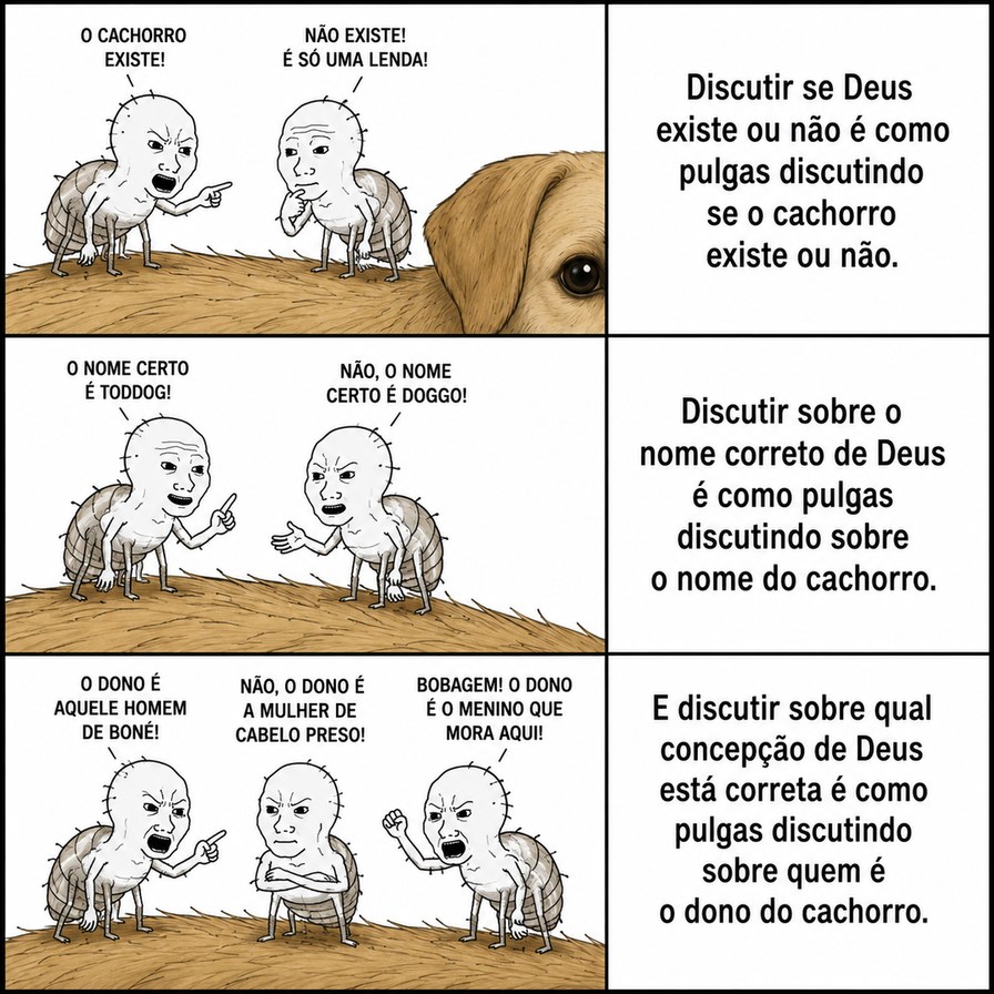 O CACHORRO EXISTE! NÃO EXISTE! É SÓ UMA LENDA! Discutir se Deus existe ou não é como pulgas discutindo se o cachorro existe ou não. O NOME CERTO É TODDOG! NÃO, O NOME CERTO É DOGGO! Discutir sobre o nome correto de Deus é como pulgas discutindo sobre o nome do cachorro. O DONO É AQUELE HOMEM DE BONÉ! NÃO, O DONO É A MULHER DE CABELO PRESO! BOBAGEM!